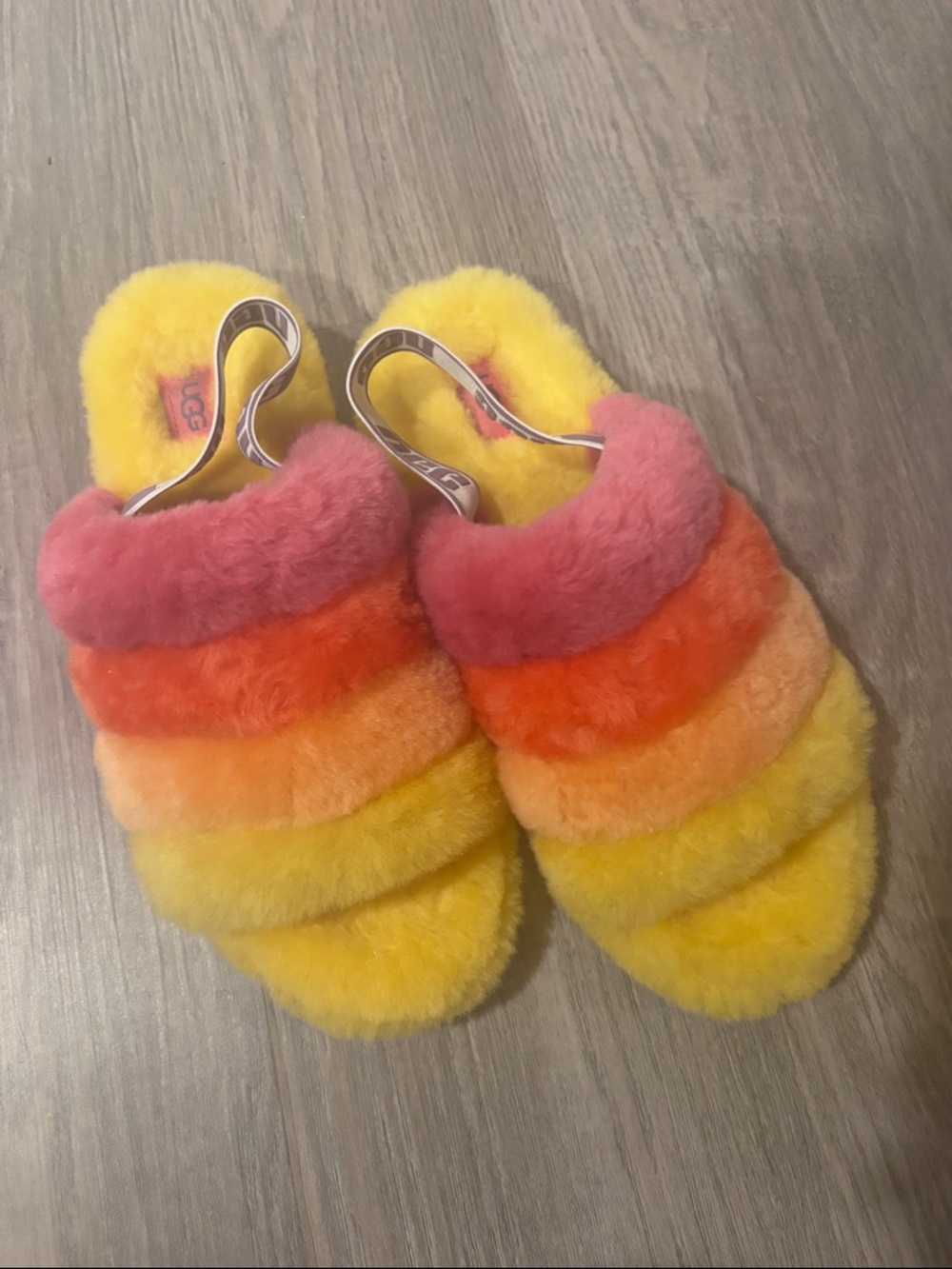 UGG Rainbow Fuzz Slippers in Pink, Orange, Yellow